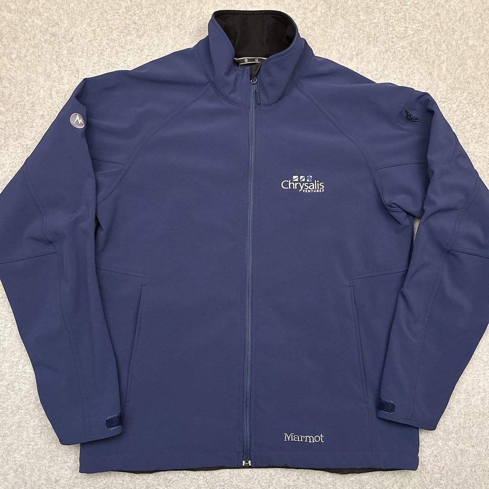 Marmot Gravity Softshell Jacket Mens Large Blue Full‎ Zip Hiking Zip Pocket Logo